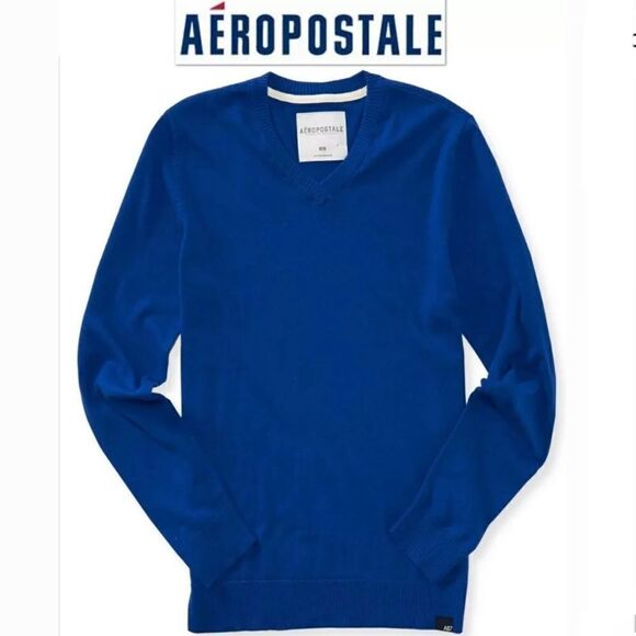 NWT AEROPOSTALE M SOLID BLUE V NECK SWEATER COTTON - Picture 1 of 6